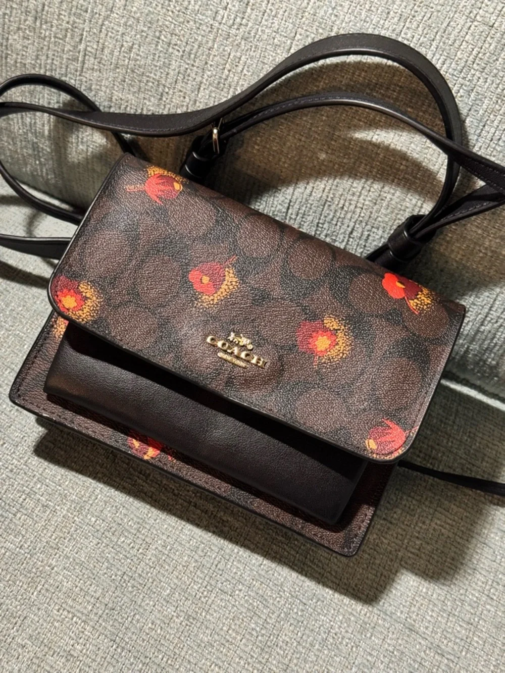 Coach Floral Signature Crossbody Bag in Brown with Red Accents